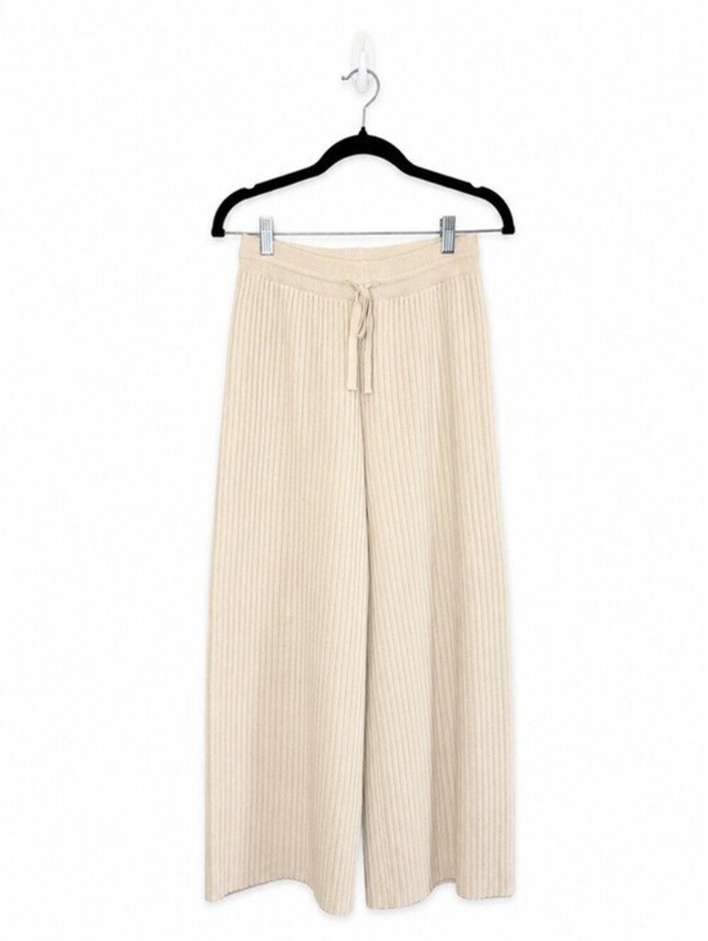 Beige Botany Women's Ribbed Knit Wide Leg Lounge Pants Cream Drawstring Small